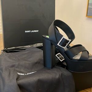 YVES SAINT LAURENT Black Platform Bianca Pump w/rhinestone buckle - SIZE 38 1/2